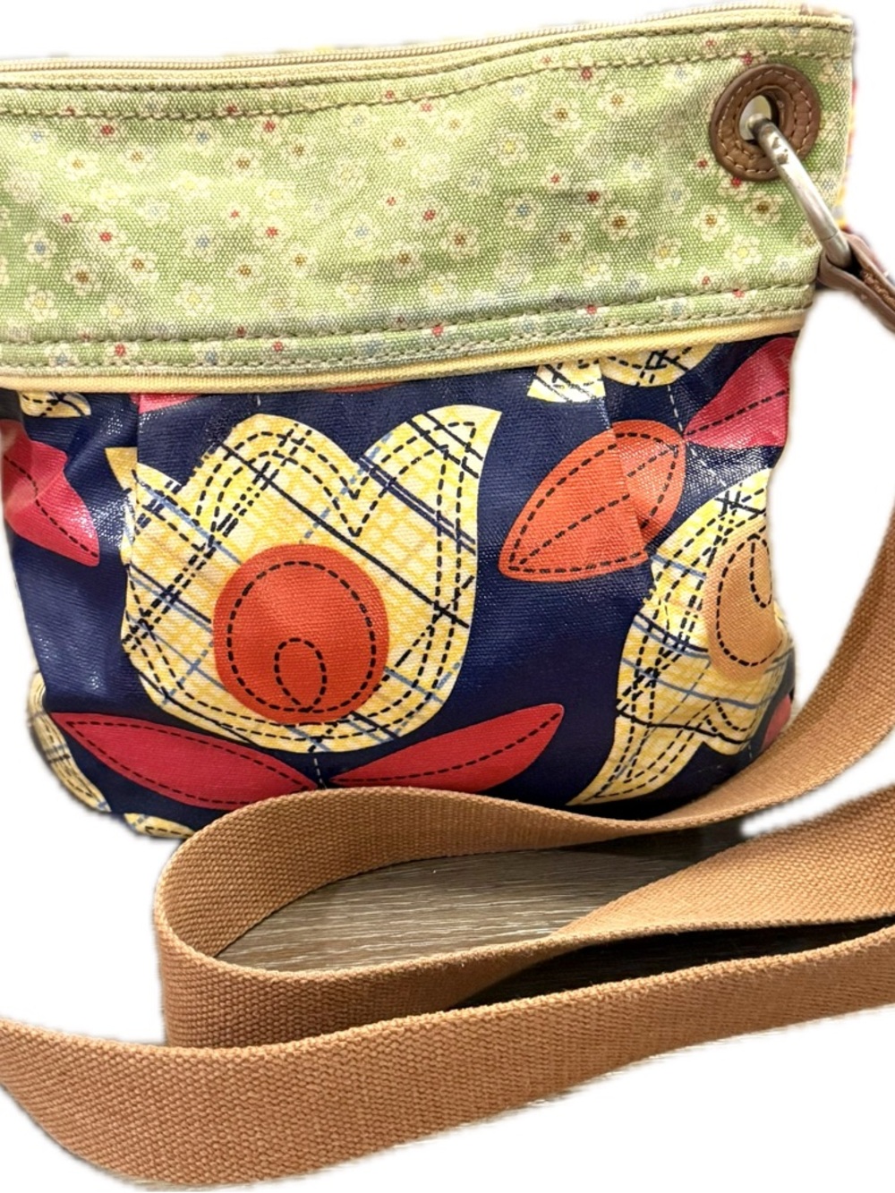 Fossil Crossbody Bag Floral Patchwork Canvas Leather Trim Adjustable Strap